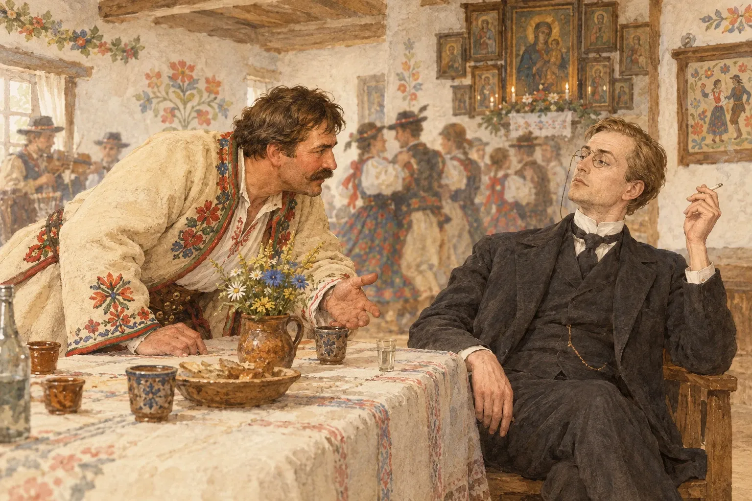 W wiejskiej izbie podczas wesela chłop w sukmanie z przejęciem pyta o politykę, a znudzony dziennikarz w miejskim ubraniu zbywa go wyniośle.