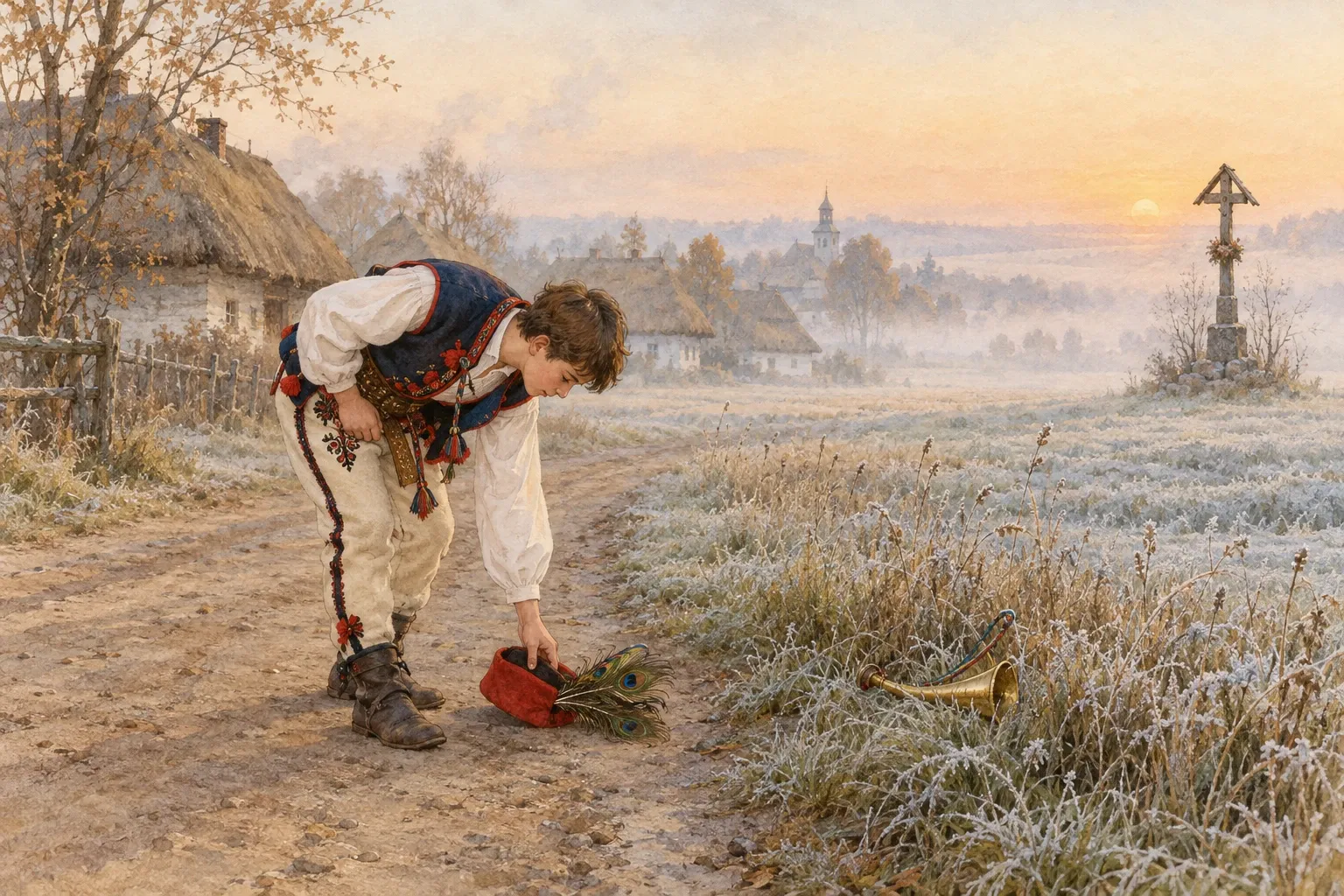 O świcie młody chłopak w stroju krakowskim schyla się po czapkę z pawimi piórami, gubiąc przy tym złoty róg, który miał wezwać naród do czynu.