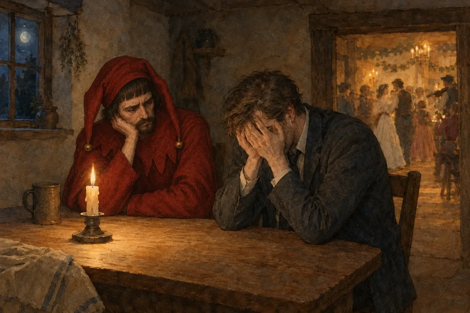 Nocą w izbie weselnej królewski błazen Stańczyk w karmazynowym stroju z dzwoneczkami patrzy na przygnębionego dziennikarza, który siedzi przy stole z twarzą w dłoniach.