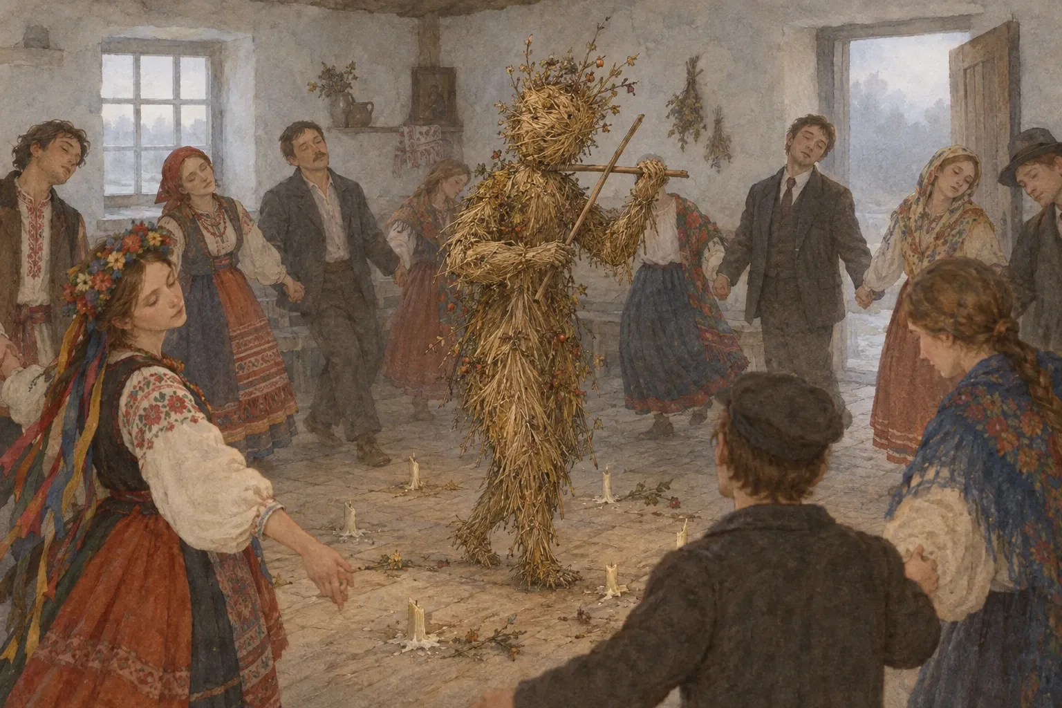 O świcie weselnicy w strojach ludowych i miejskich krążą w sennym, powolnym tańcu wokół słomianego Chochoła, który udaje grę na skrzypcach, trzymając dwa patyki.