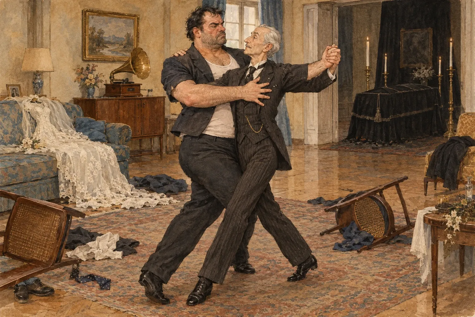 W zdemolowanym mieszczańskim pokoju krzepki mężczyzna w podkoszulku i zarzuconej na niego za ciasnej marynarce Artura tańczy tango ze starszym panem w staroświeckim garniturze, a w tle stoi czarny katafalk.