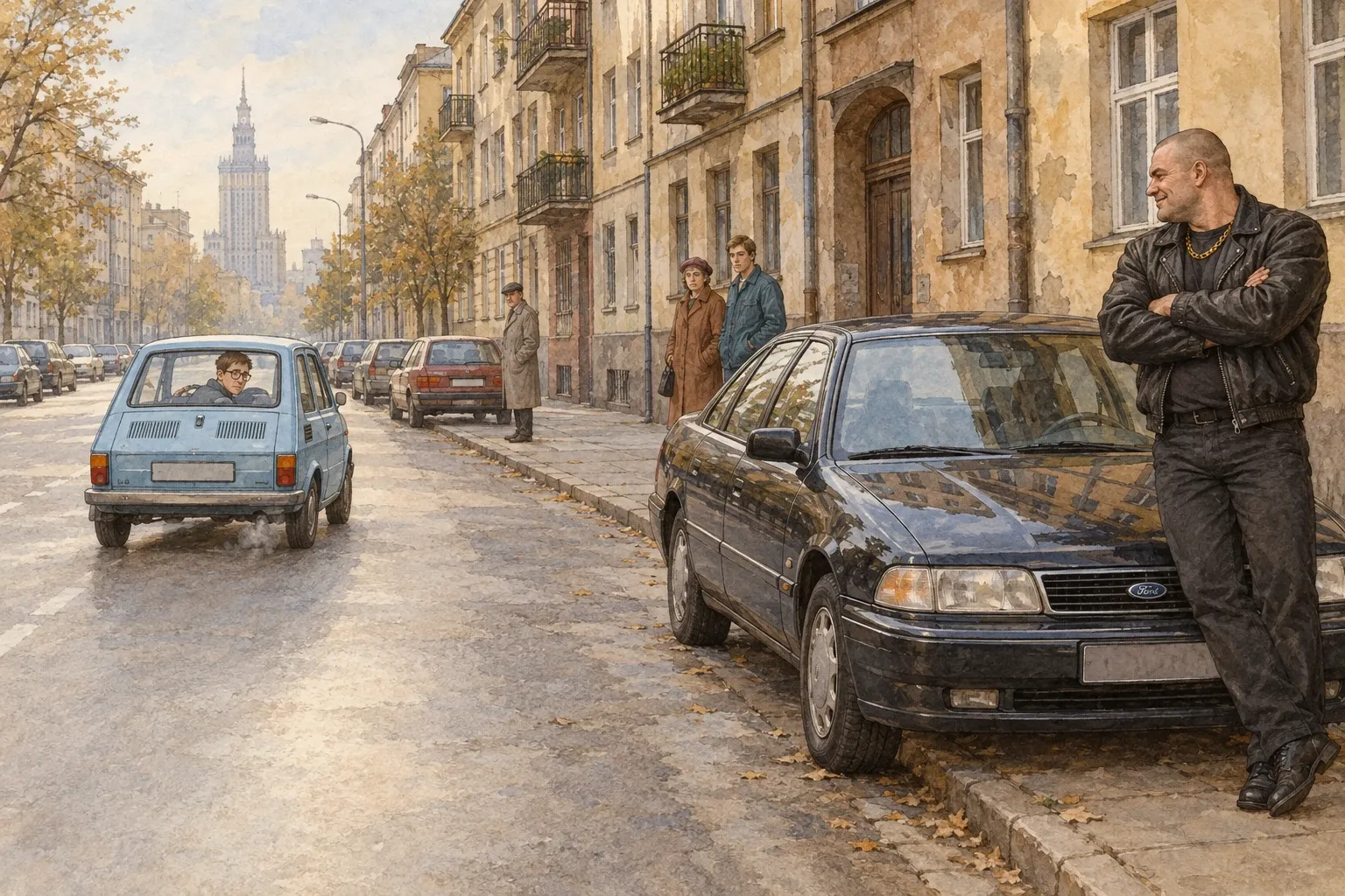 Na ulicy lat dziewięćdziesiątych duży ciemny ford stoi na miejscu parkingowym, a krzepki mężczyzna w skórzanej kurtce opiera się o auto z zadowoloną miną i odprowadza wzrokiem odjeżdżającego maluchem drobnego kierowcę w okularach; przechodnie patrzą bez reakcji.