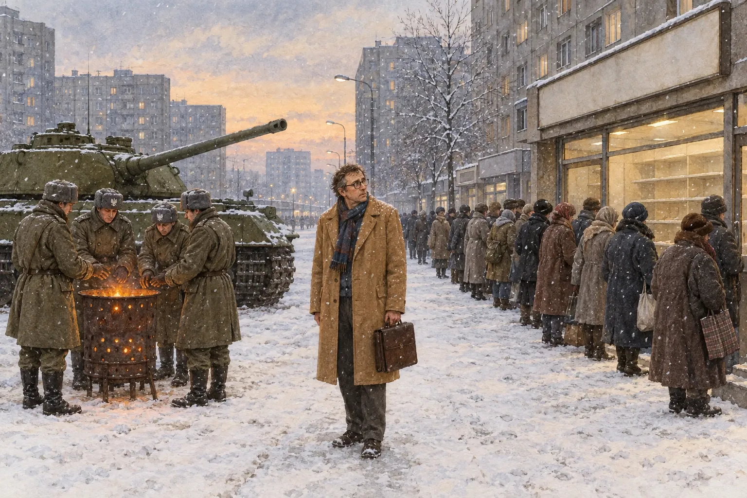 W zaśnieżonej Warszawie w grudniu zagubiony cudzoziemiec w ciepłym płaszczu stoi na ulicy, obok żołnierze grzeją się przy koksowniku przy czołgu, a ludzie stoją w kolejce do sklepu.